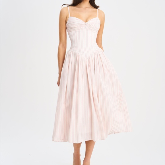Miss Circle New York Zania Pink Stripe Ruched Breast Cotton Jacquard Midi Dress - Picture 1 of 7